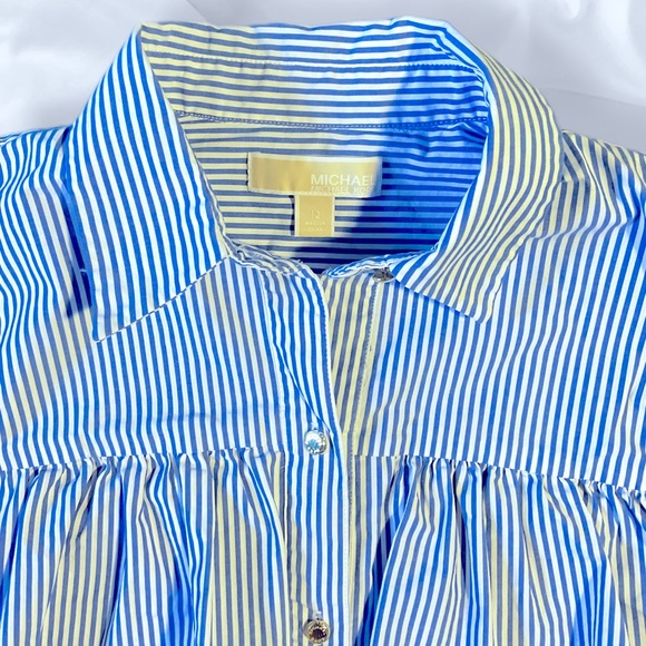 Michael Kors Blue and White Striped off Shoulder Gold Button Up Dress sz 12 - Picture 4 of 5